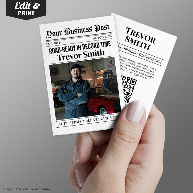 ZeitungsVisitenkarte, Auto-Reparaturautomat Telefonnummerkarte (Newspaper Business Card, Auto Repair Car Mechanic Calling Card)