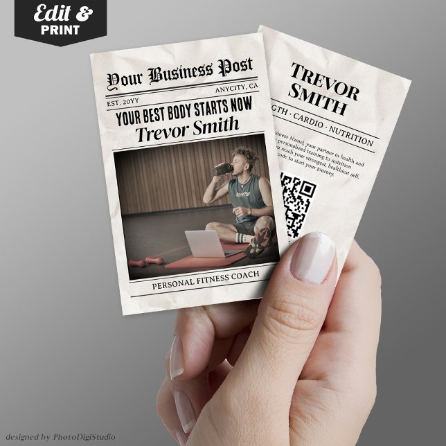 ZeitungsVisitenkarte, Personal Fitness Coach Telefonnummerkarte (Newspaper Business Card, Personal Fitness Coach Calling Card)