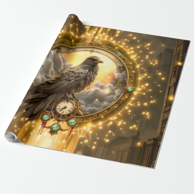 Zeitwächter Rabe – Gothic Uhrwerk  Geschenkpapier (Ungerollt)