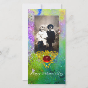 ZELLISCHES HERZ IN VIOLETEN, GRÜNEN, GELBEN GOLDGL FEIERTAGSKARTE