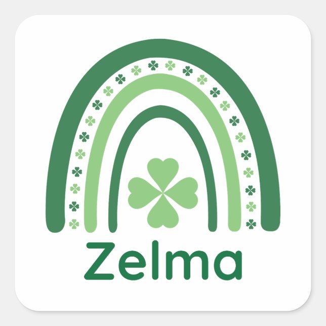 Zelma Name Clover Boho Rainbow Quadratischer Aufkleber (Vorderseite)