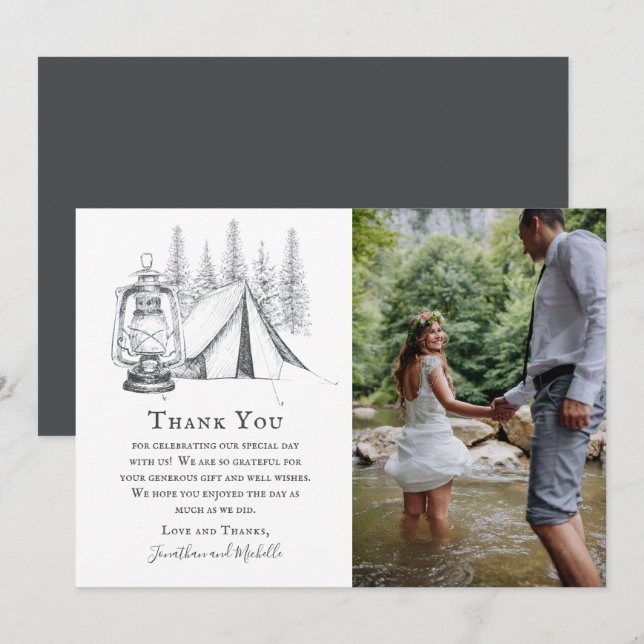 Zelt-, Lantern- und Woodland-Sketch-Camping Hochze Dankeskarte (Vorne/Hinten)