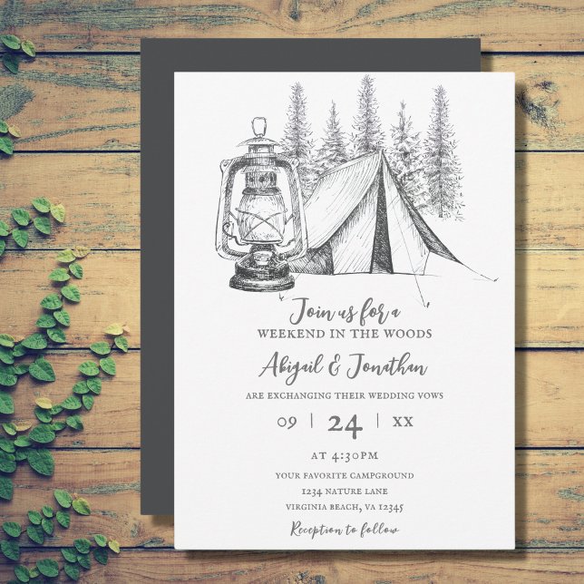 Zelt-, Lantern- und Woodland-Sketch-Camping Hochze Einladung (Tent, Lantern and Woodland Sketch Camping Wedding Invitation)