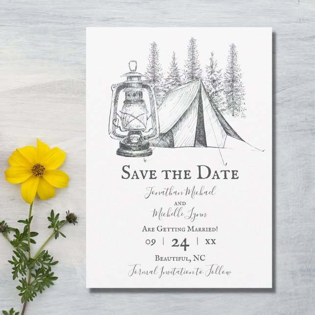 Zelt-, Lantern- und Woodland-Sketch-Camping Hochze Save The Date (Von Creator hochgeladen)