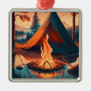 Zelt und Campfire Vintage Farben Kunst Ornament Aus Metall