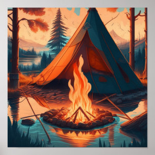 Zelt und Campfire Vintage Farben Kunst Poster