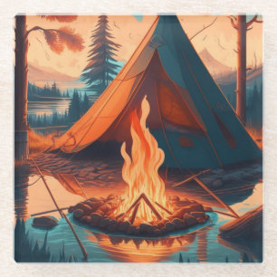 Zelt und Lagerfeuer Vintage-Farben Kunst Glasuntersetzer