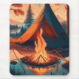Zelt und Lagerfeuer Vintage-Farben Kunst Mousepad