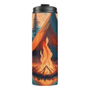 Zelt und Lagerfeuer Vintage-Farben Kunst Thermosbecher