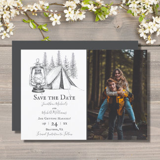 Zelt und Woodland Sketch Camping Hochzeitsfeier Fo Save The Date