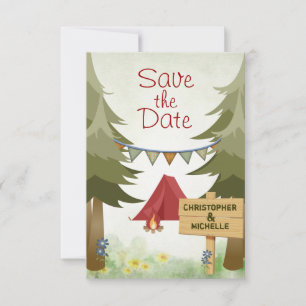 Zelte und Campfire Woodland Camping Hochzeit Save The Date