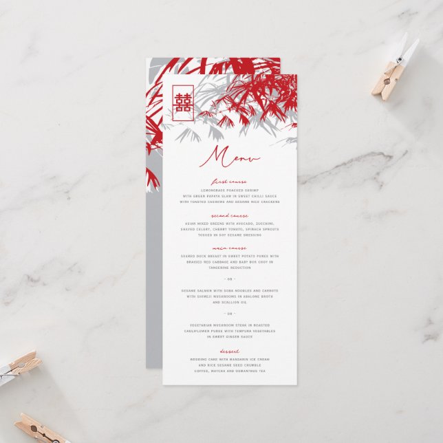 Zen Bamboo Blätter Double Happiness Wedding Menu Einladung (Vorderseite/Rückseite Beispiel)