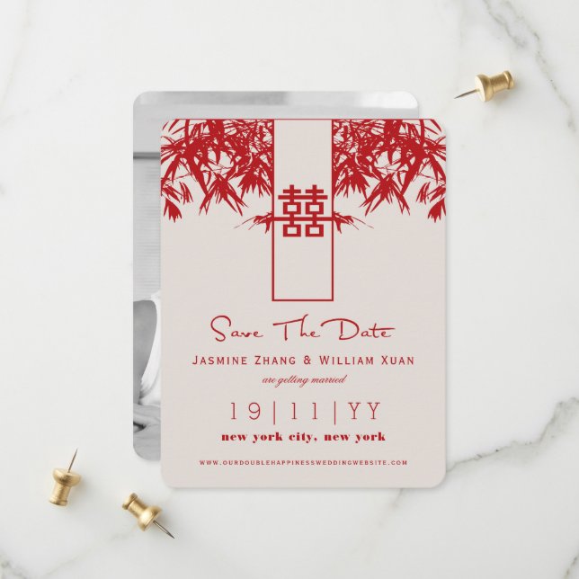 Zen-Bambus Doppeltes Glück Chinesisch Save The Dat Date (Vorderseite/Rückseite Beispiel)