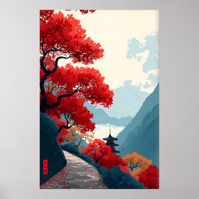 Zen-Bergposter Rote Blätter Bäume, Minimalist Poster (Vorne)