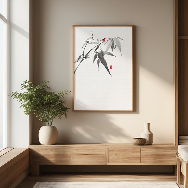 Zen Bird auf Bamboo - Minimalistische Wand an Wand Fotodruck (Von Creator hochgeladen)