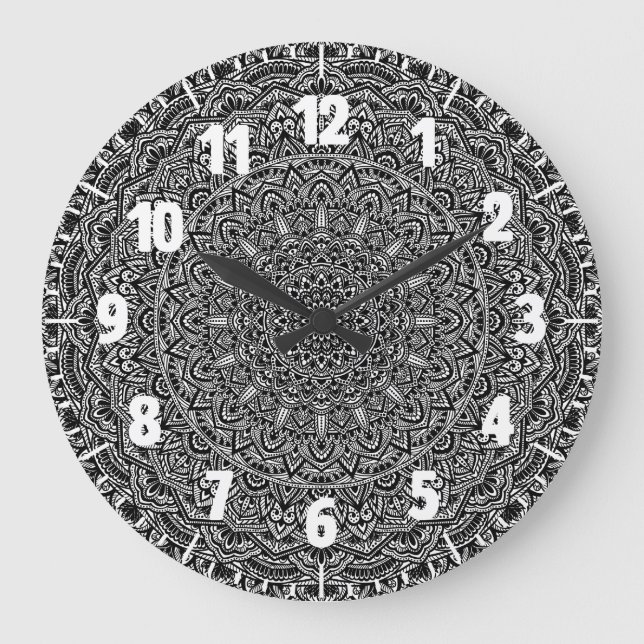 Zen Black and White Mandala Große Wanduhr (Vorderseite)