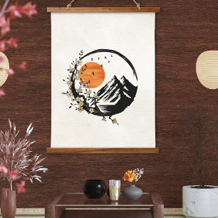 Zen Blossom: Sonnenaufgang und Heiterkeit Wandteppich Mit Holzrahmen