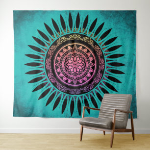 Zen-Blumen-Mandala Blau & Rosa Wandteppich