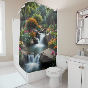 Zen-Blumengarten mit Baumblüten und Wasserfall Duschvorhang