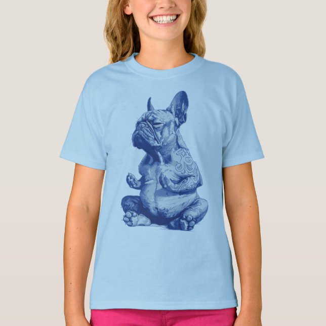 Zen Bulldog in Meditation Pose Kunst T-Shirt (Vorderseite)