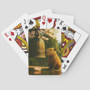 Zen Capybara bei Spielkarten mit Tempelglocke