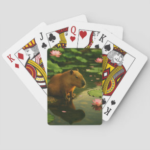 Zen Capybara betrachtet Spielkarten im Teich