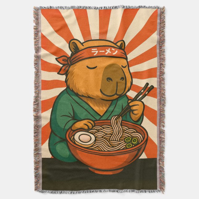 Zen Capybara Eating Ramen with Radiating Stripes Decke (Vorderseite Vertikal)