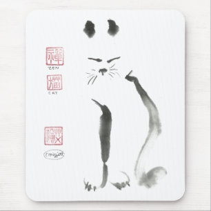 Zen Cat Meditation - Sumi-e [ink painting] Mousepad