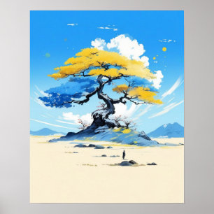 Zen Einsamkeit: Minimalistischer goldener Baum  Poster