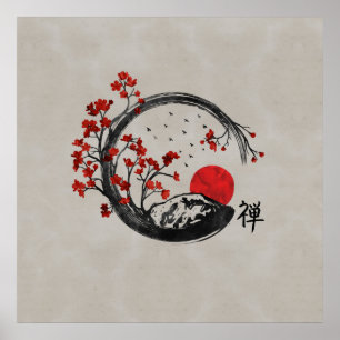 Zen Enso Circle and Sakura Branches Poster