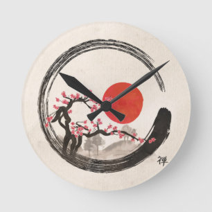 Zen Enso Circle and Sakura Tree Runde Wanduhr