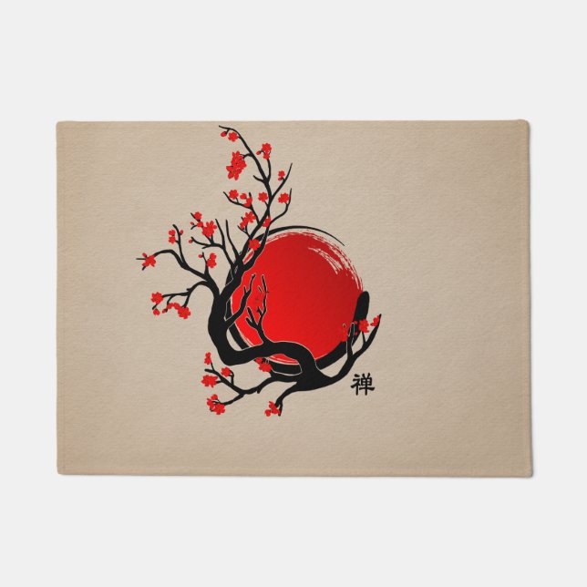 Zen Enso Circle, Sun and Red Sakura Blossom Fußmatte (Vorderseite)