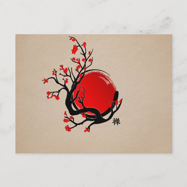 Zen Enso Circle, Sun and Red Sakura Blossom Postkarte (Vorderseite)