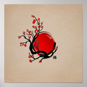 Zen Enso Circle, Sun und Red Sakura Blossom Poster