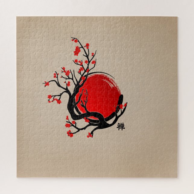 Zen Enso Circle, Sun und Red Sakura Blossom Puzzle (Vertikal)