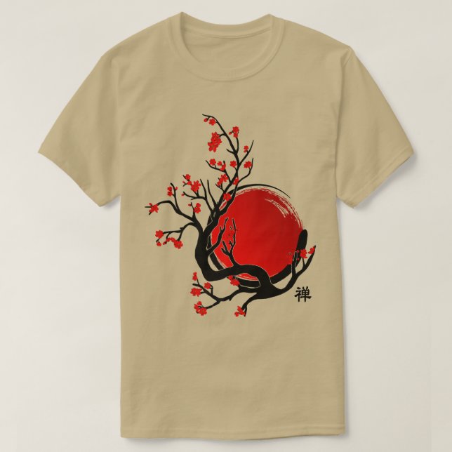 Zen Enso Circle, Sun und Red Sakura Blossom T-Shirt (Design vorne)