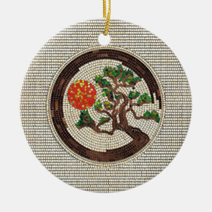 Zen Enso Circle und Bonsai Tree Mosaik Keramik Ornament