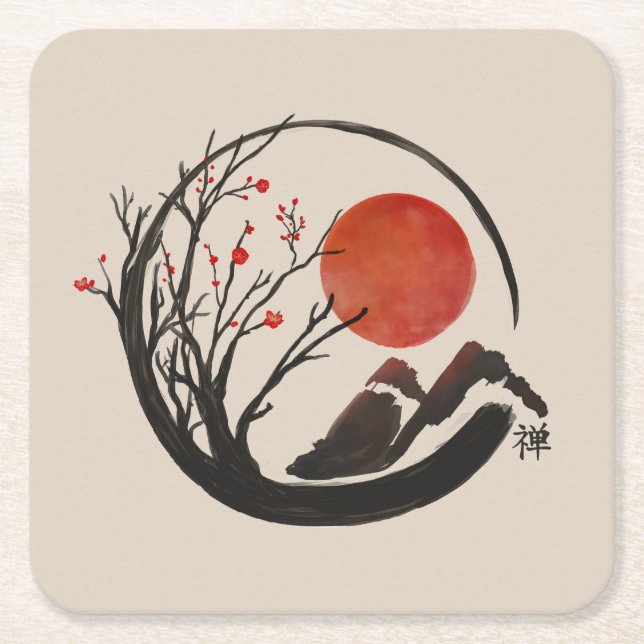 Zen Enso Circle und Sakura Baum Rechteckiger Pappuntersetzer (Vorderseite)