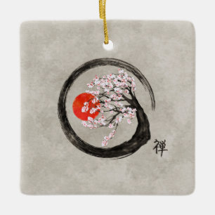 Zen Enso Kreis und Kirschblüte-Baum auf Leinwand Keramikornament
