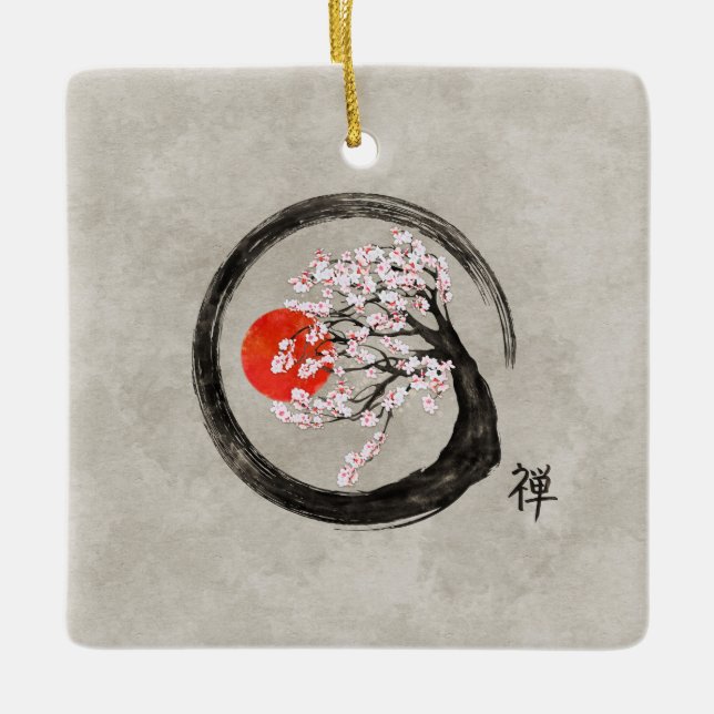 Zen Enso Kreis und Kirschblüte-Baum auf Leinwand Keramikornament (Vorderseite)