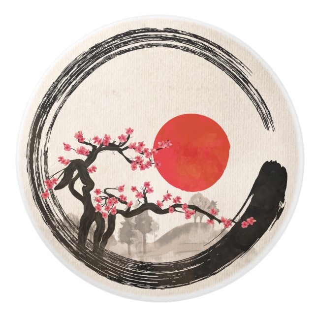 Zen Enso Kreis und Kirschblüte-Baum Keramikknauf (Vorderseite)