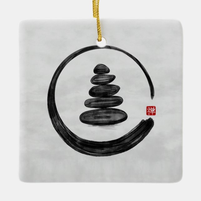 Zen-Enso-Kreis und Zen-Steine - Aquarell Keramikornament (Vorderseite)