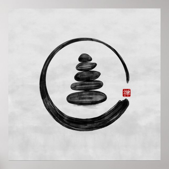 Zen-Enso-Kreis und Zen-Steine - Aquarell Poster (Vorne)