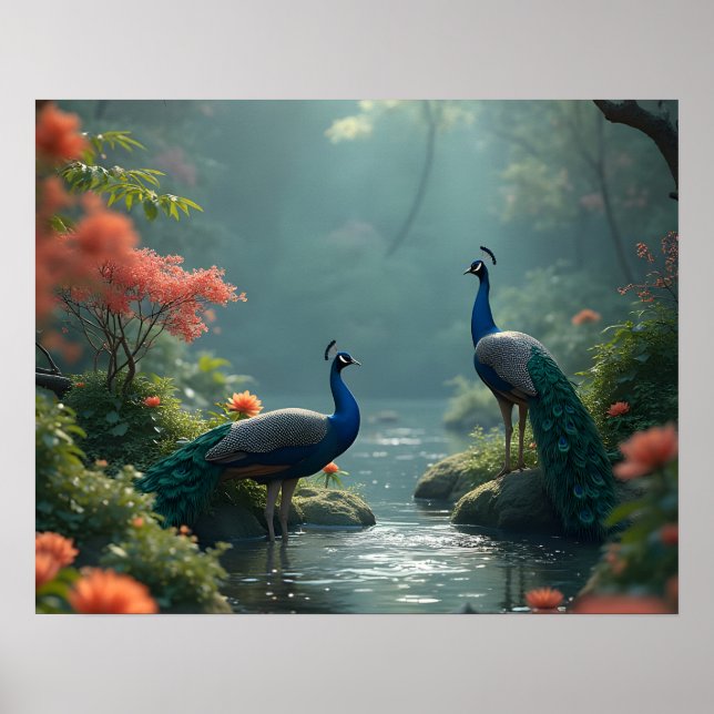 Zen-Garten mit Pfauen Poster (Vorne)