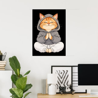Zen-Katze im Hoodie – Süße meditierende Cartoon-Ka Poster