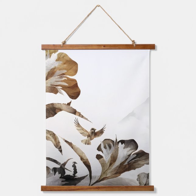 Zen Misty Mountain Birds Minimalist Nature Wandteppich Mit Holzrahmen (Vorderseite)