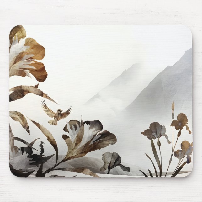 Zen Nebelberg Vögel Minimalistische Natur Mousepad (Vorne)