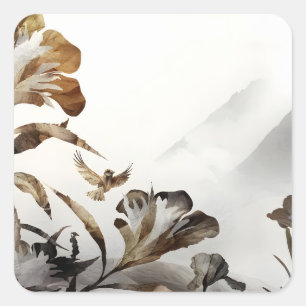 Zen Nebelberg Vögel Minimalistische Natur Quadratischer Aufkleber
