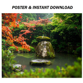 Zen Pond Garden mit Wasser und Rotem Ahorn Poster