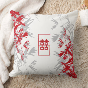 Zen Red Gray Bamboo Verlasse Modernes Double Happy Kissen